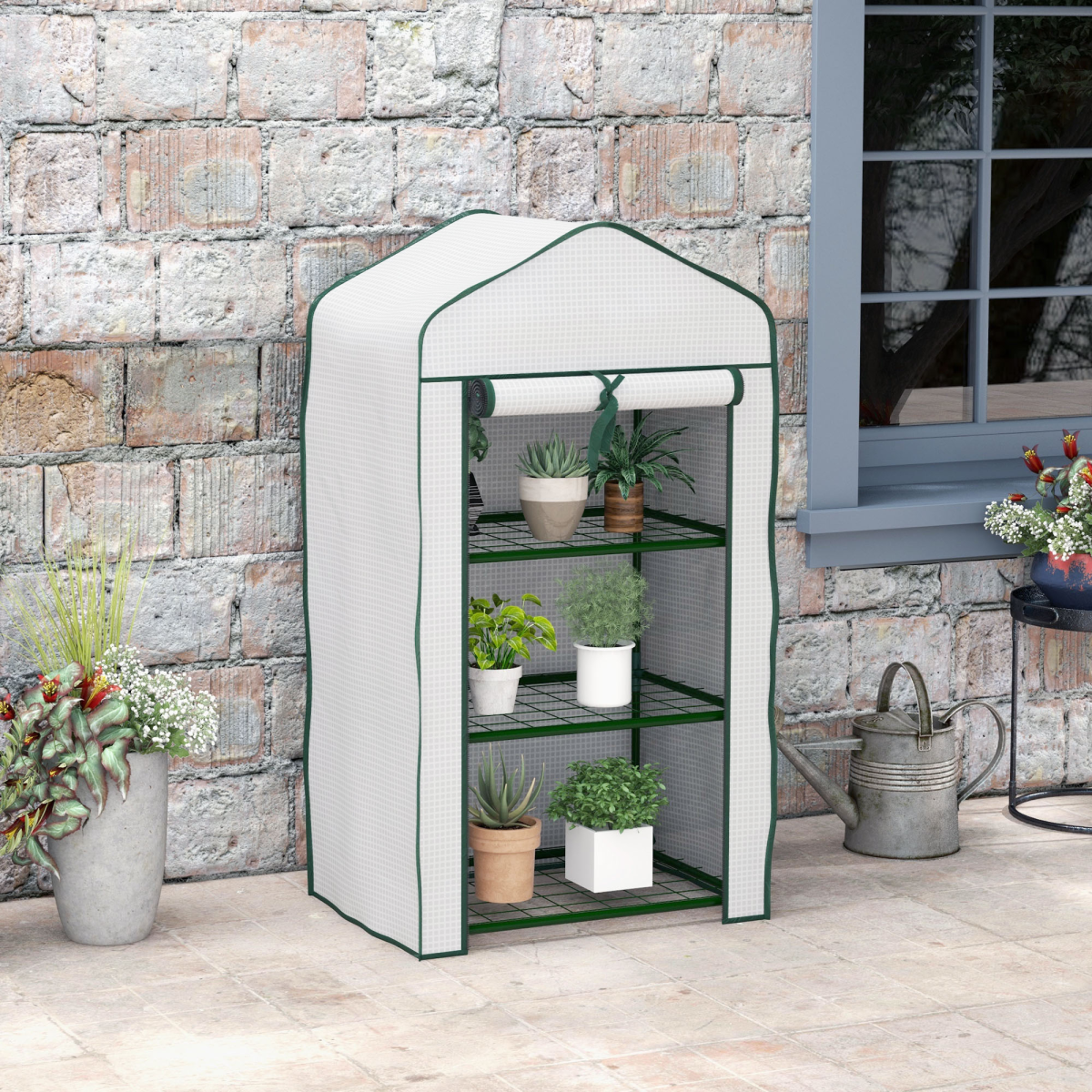 Outsunny Portable Mini Greenhouse with Roll-Up Door and Wire Shelves