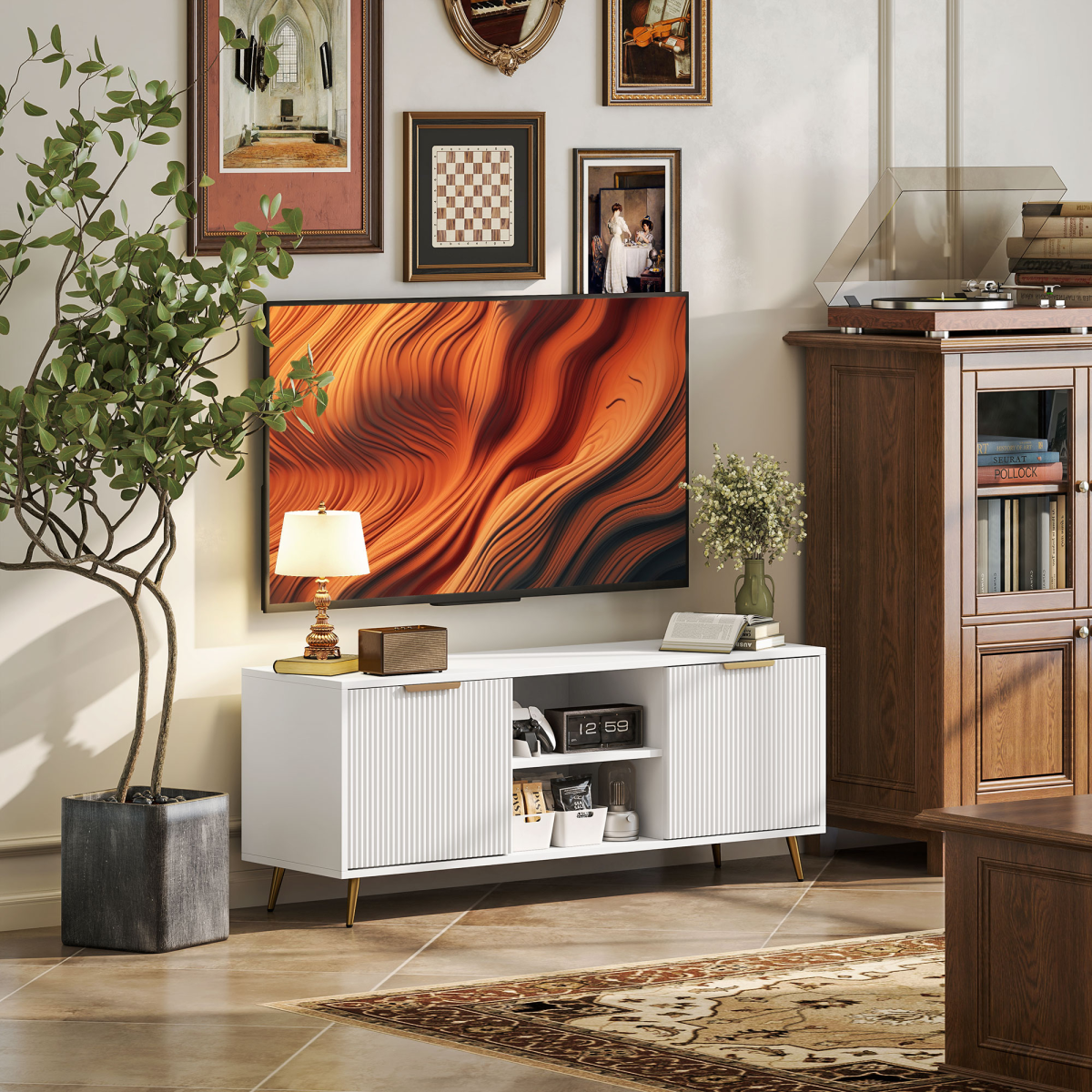 HOMCOM Modern White TV Stand Cabinet with Storage for 55-Inch TVs