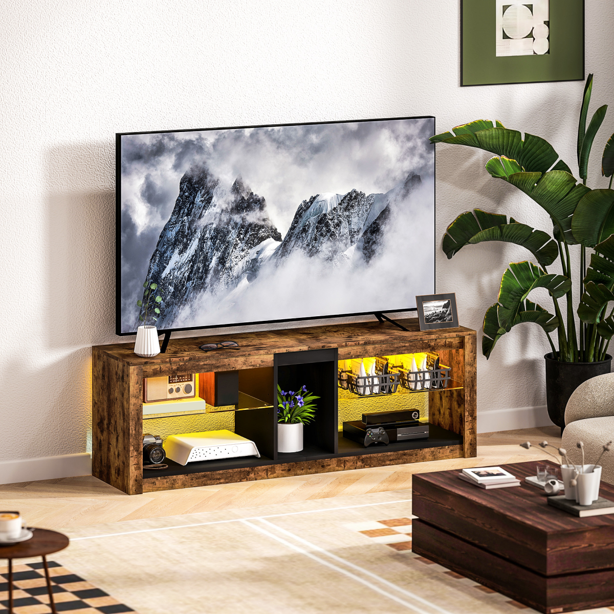 HOMCOM LED TV Stand, Rustic Brown, 140cm Entertainment Centre