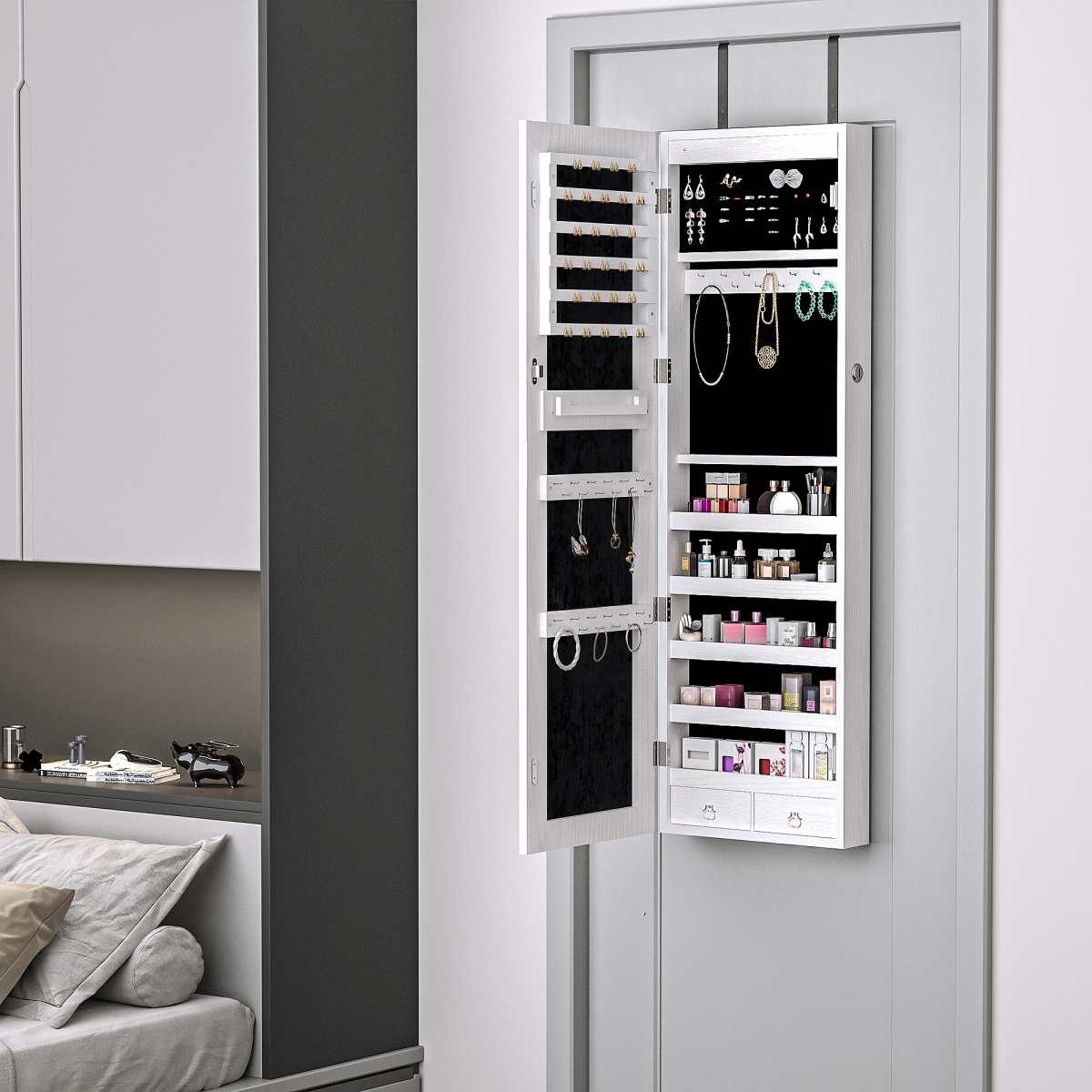 Lockable Hanging Mirrored Jewellery Cabinet with 6 LED Lights, White