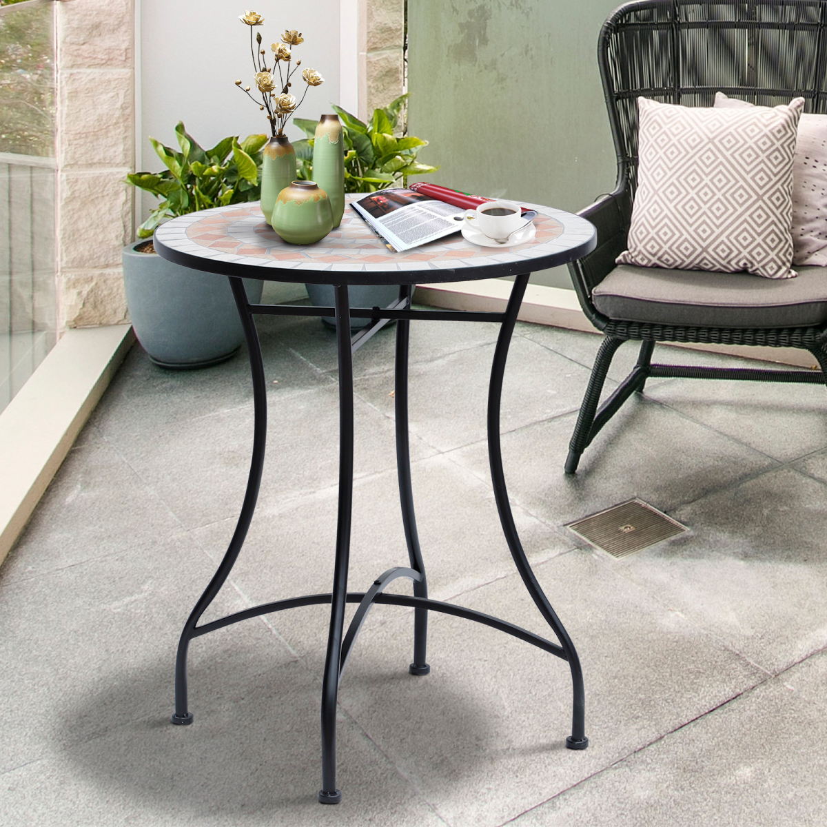 Outsunny Mosaic Patio Table 60x71H cm, Steel Frame, Ceramic Top