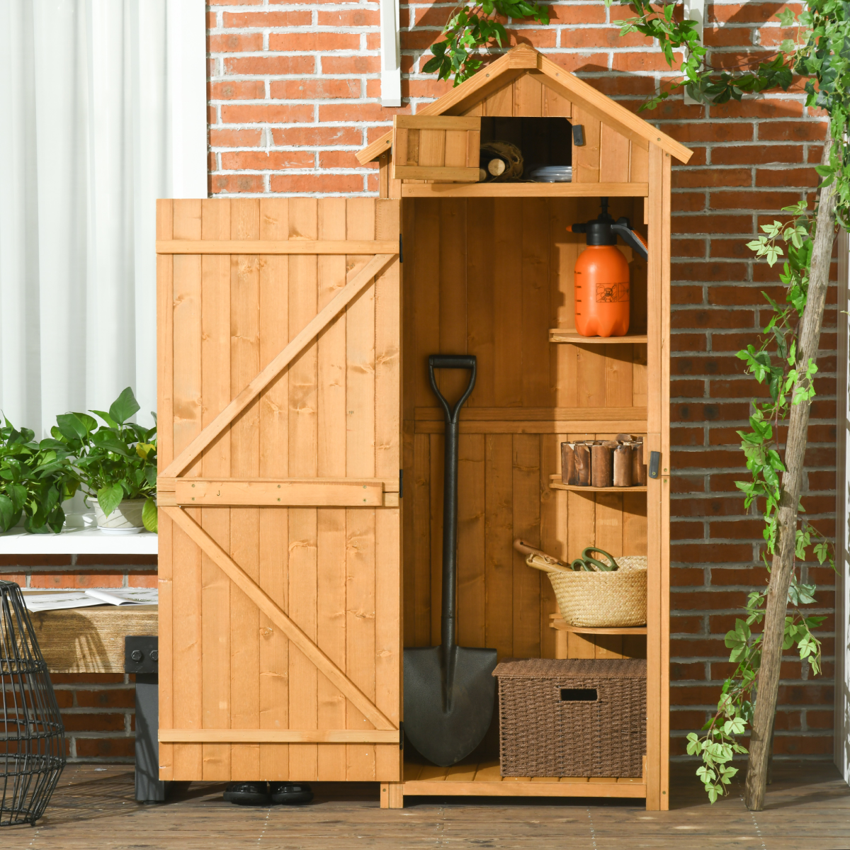 Outsunny Wooden Garden Storage Shed with 3 Detachable Shelves, Outdoor Tool Cabinet, Brown, 77 x 54.2 x 179 cm