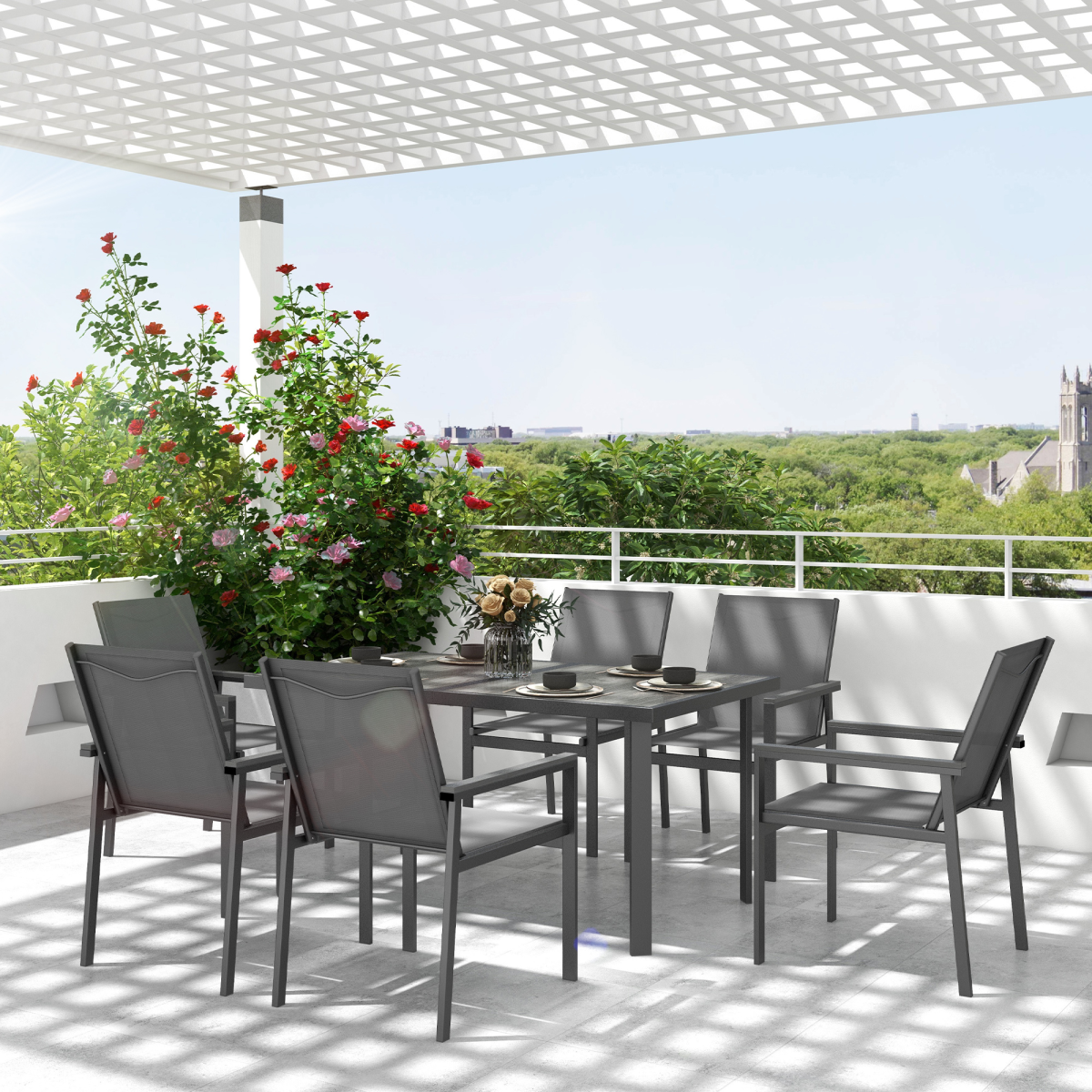 Outsunny 7 Piece Outdoor Garden Dining Set with Rectangular Table and 6 Chairs, Grey