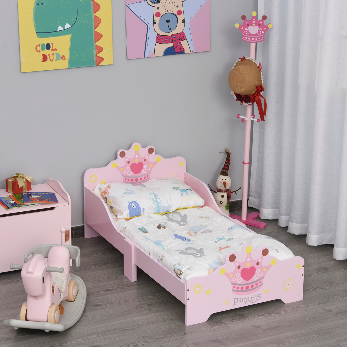 Homcom Kids Pink Princess Crown Wooden Bed with Side Rails