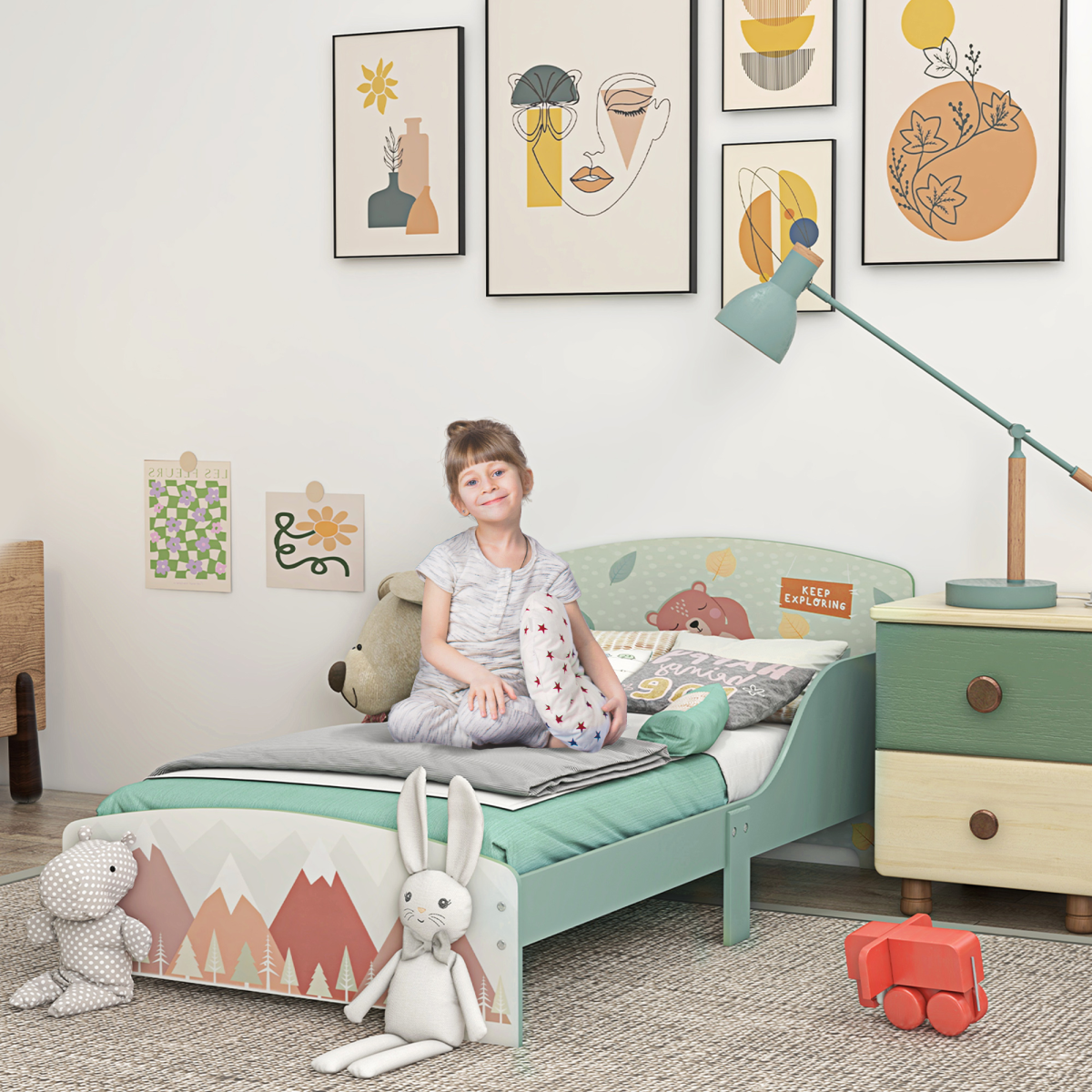 ZONEKIZ Green Toddler Bed Frame with Safety Side Panels, Ages 3-6