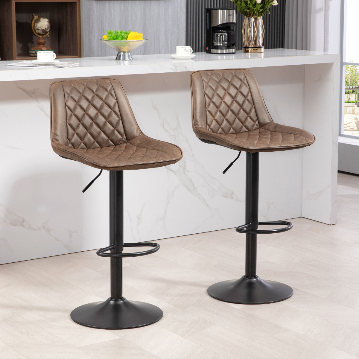 HOMCOM Set of 2 Adjustable Swivel Bar Stools, Brown Faux Leather Kitchen Chairs