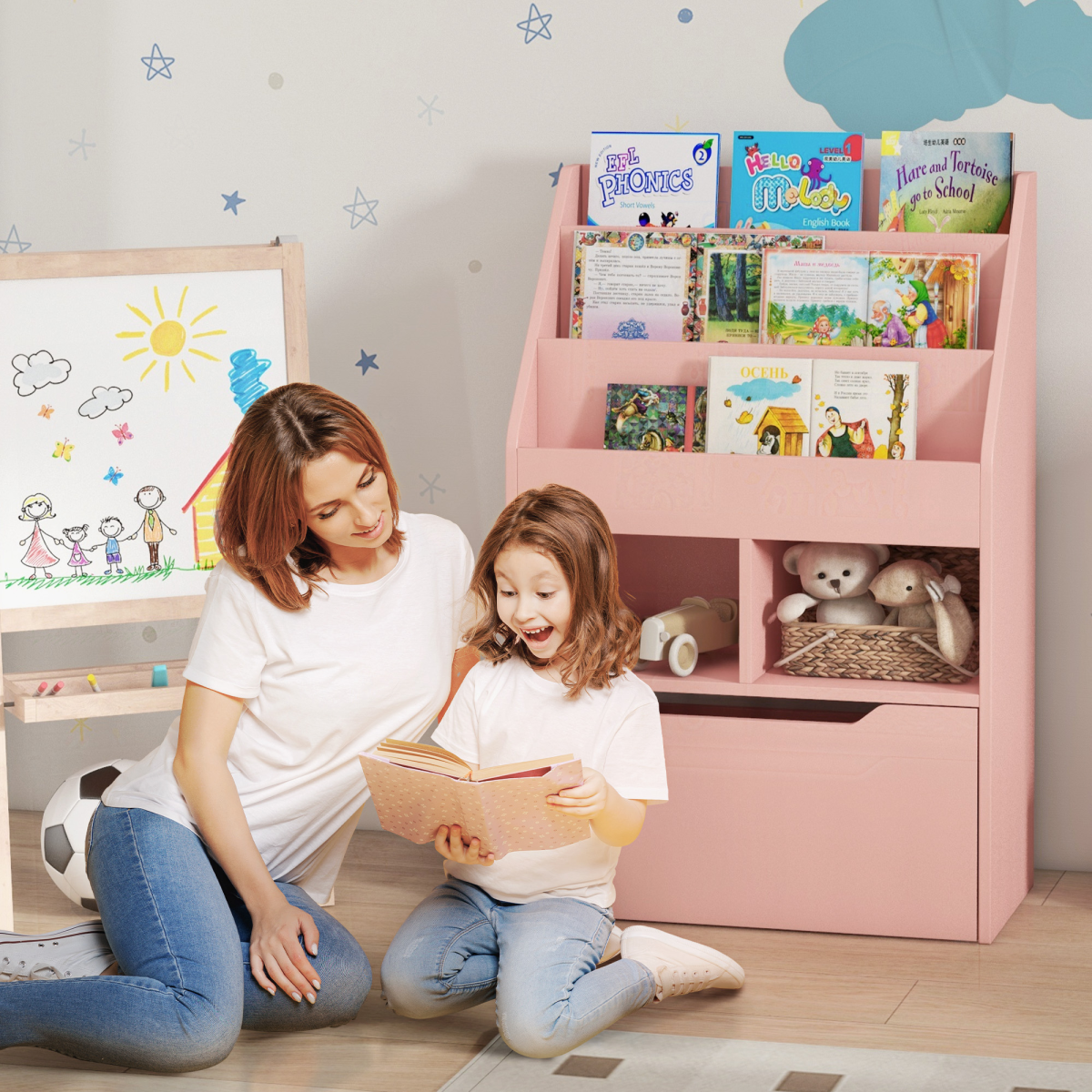 HOMCOM Kids Bookcase with Toy Storage, Drawer & Wheels, Pink
