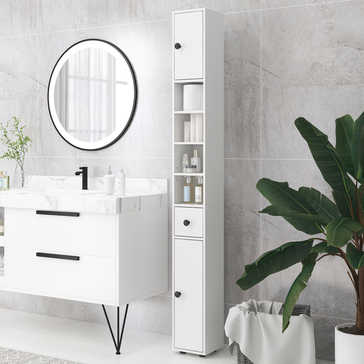 kleankin Slim White Bathroom Storage Cabinet with Open Shelves