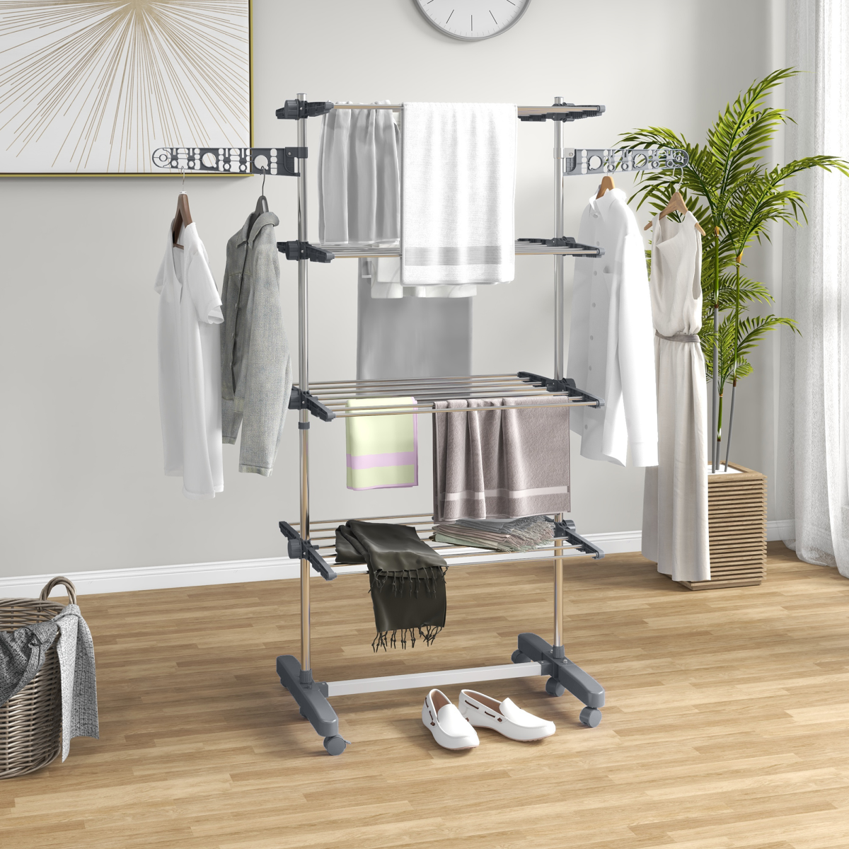 HOMCOM 4-Tier Stainless Steel Clothes Airer with Wheels, Grey