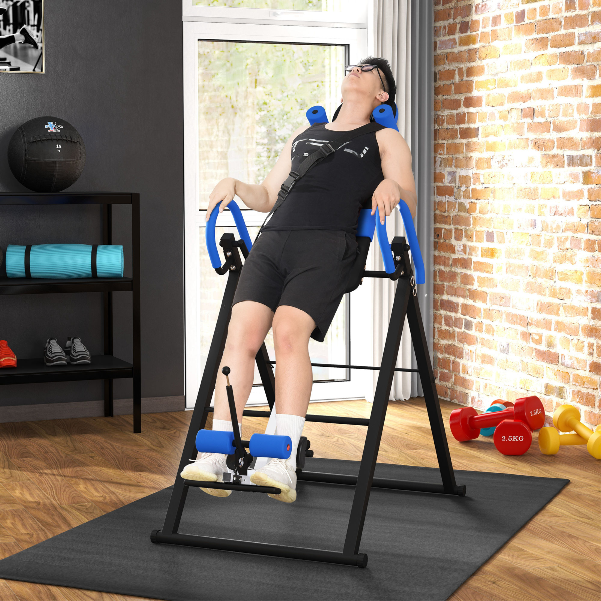 HOMCOM Foldable Adjustable Gravity Inversion Table with Safety Belt, Blue