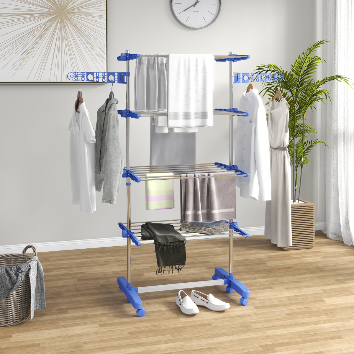 HOMCOM 4-Tier Foldable Stainless Steel Clothes Drying Rack, Blue