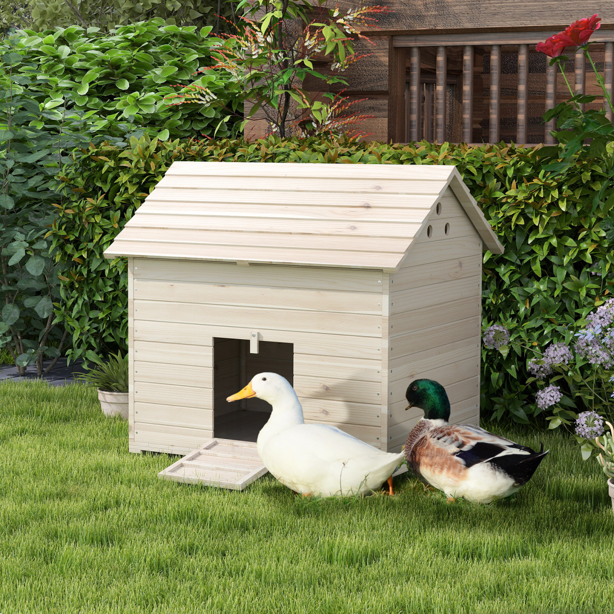 PawHut Wooden Duck House with Openable Roof, Raised Base & Air Holes