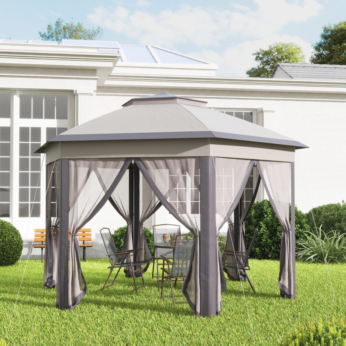 Outsunny 4.05m Metal Frame Mesh Curtain Gazebo with 2-Tier Roof Brown