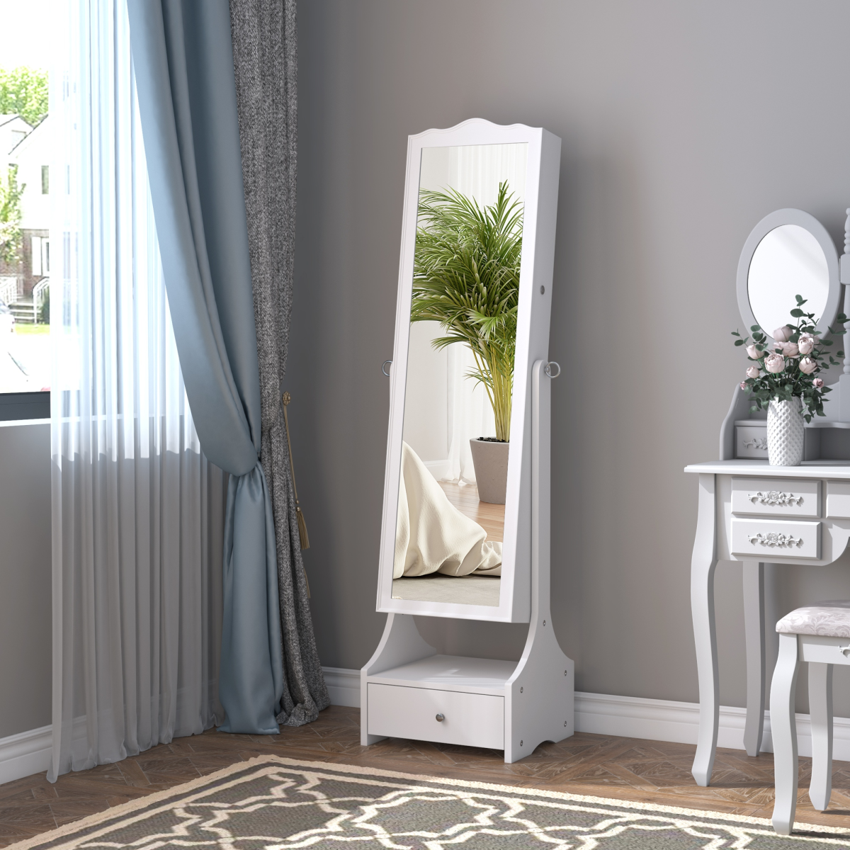 Freestanding Mirrored Jewelry Cabinet Armoire with Lock and LED Light, White