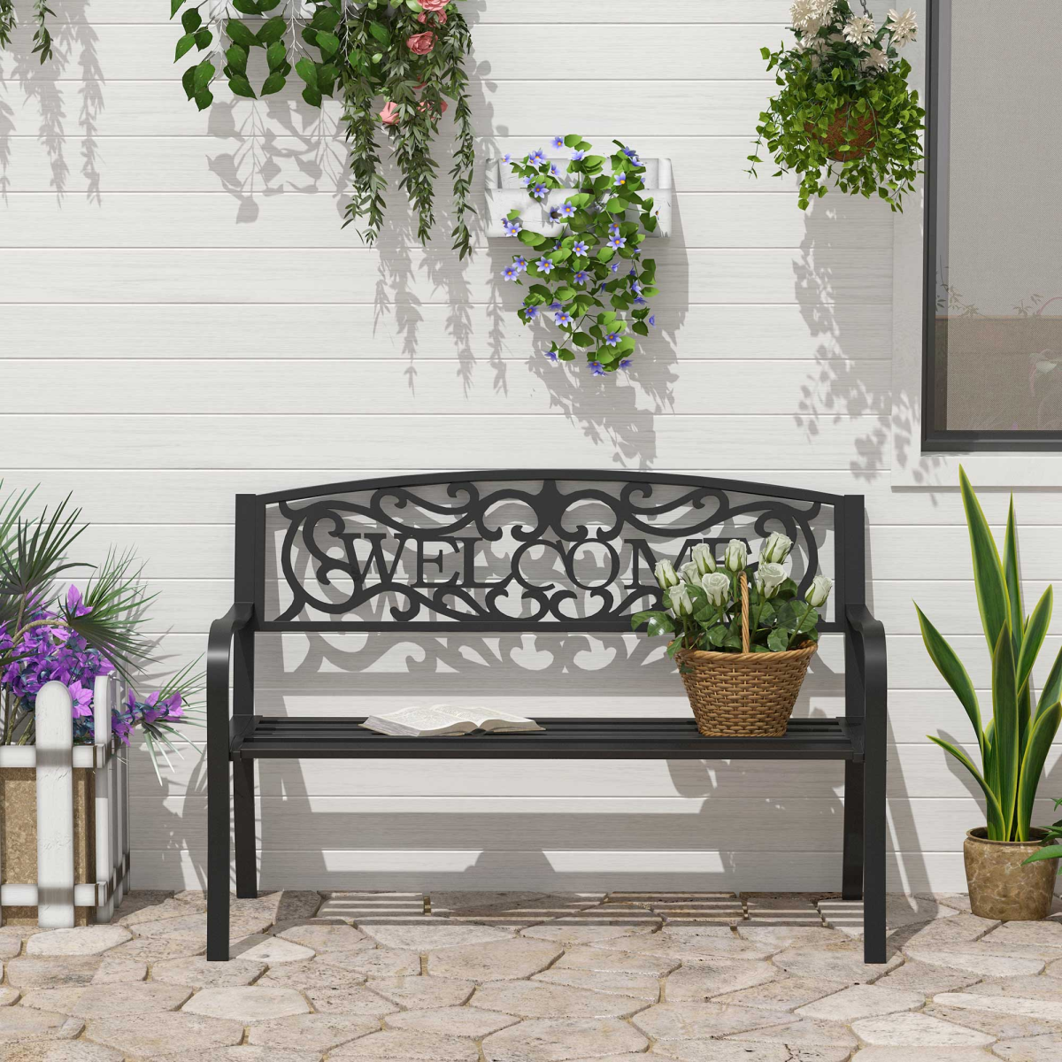 Outsunny 2-Seater Steel Garden Bench, Black