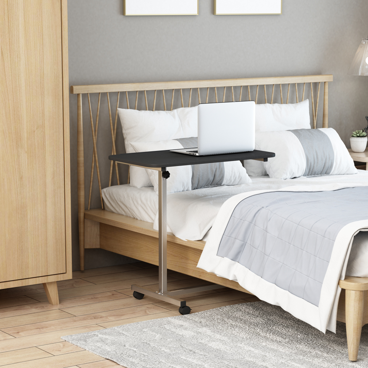 HOMCOM C-Shaped Mobile Sofa Bed Side Table with Adjustable Height, Casters and Locking Brakes