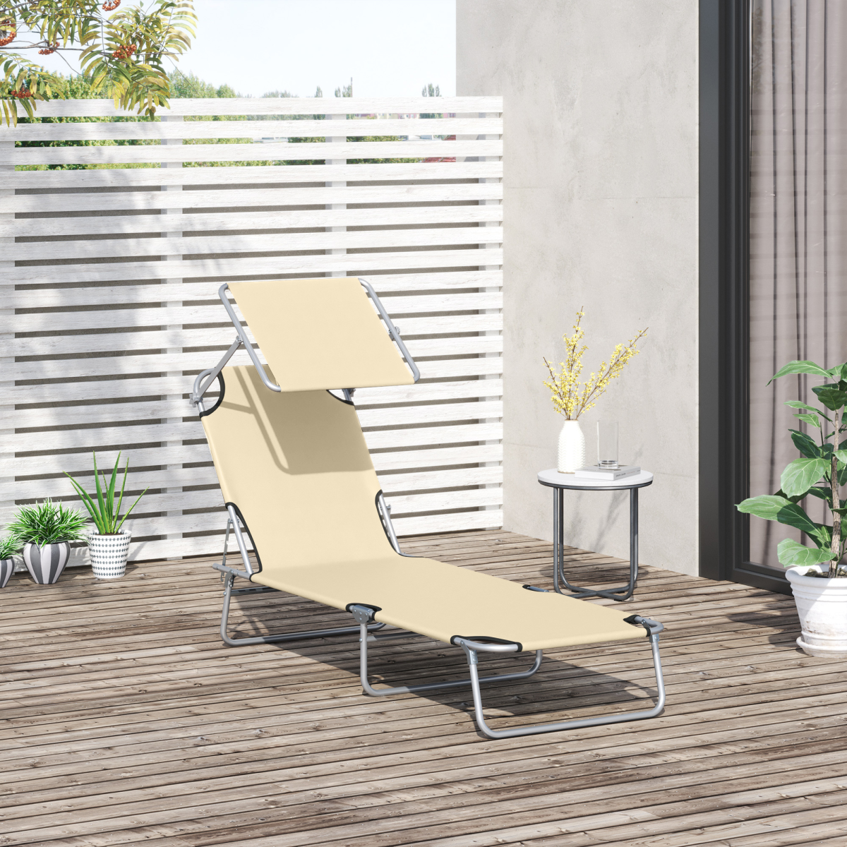 Outsunny Folding Sun Lounger Chair with Adjustable Canopy, Beige
