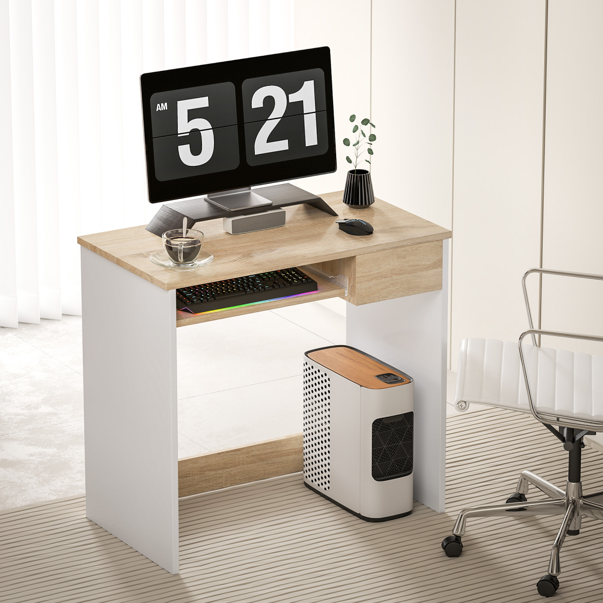 HOMCOM Compact Computer Table with Keyboard Tray and Drawer, Oak
