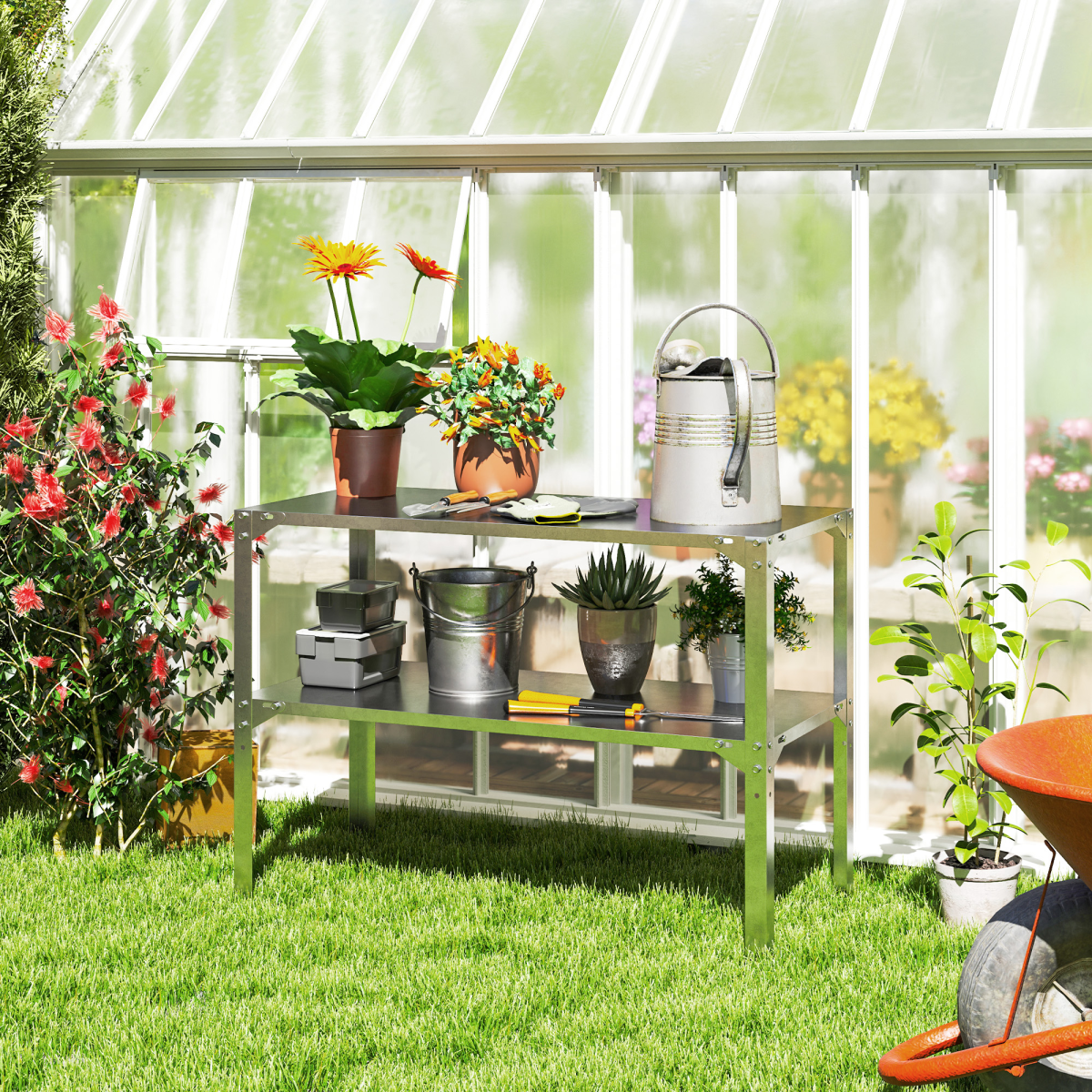 Outsunny 2-Tier Galvanised Steel Potting Bench Table, Silver Tone