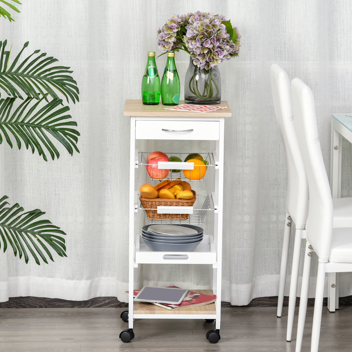 HOMCOM 5-Tier Kitchen Storage Trolley with Drawer, Wire Baskets, Pull-Out Tray and Bottom Shelf, White