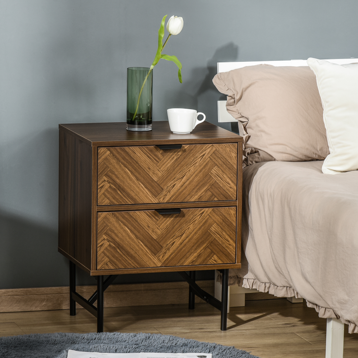 HOMCOM Side Cabinet with 2 Storage Drawers, Herringbone Pattern, Walnut Brown