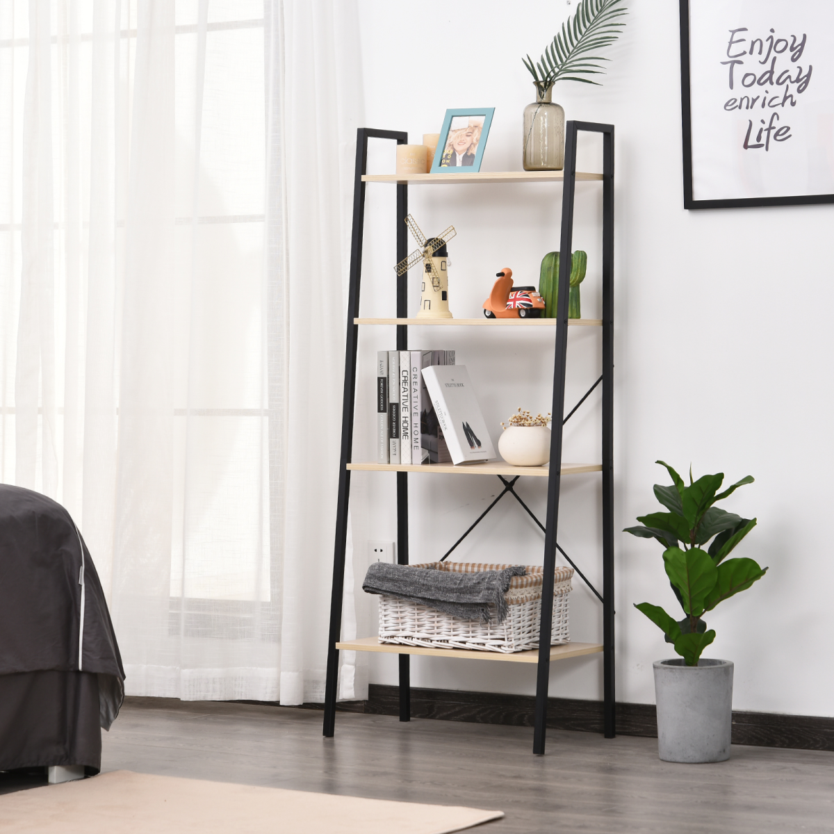 4-Tier Minimalistic Ladder Shelf Unit with Steel Frame and MDF Shelves for Display Storage