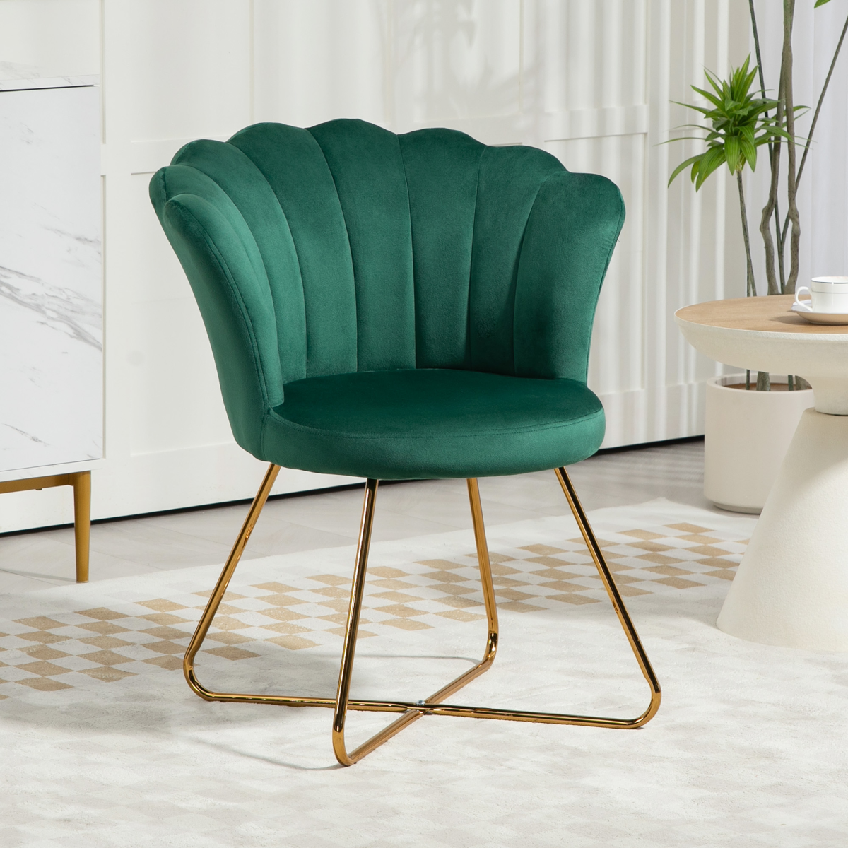 HOMCOM Velvet Accent Armchair with Lotus Backrest, Steel Legs, Green