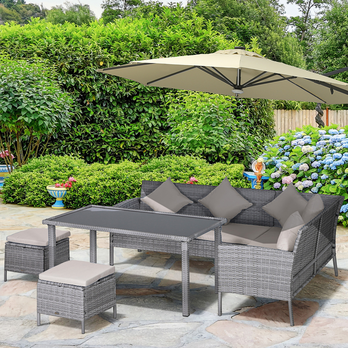 Outsunny 5-Piece Rattan Wicker Outdoor Patio Dining and Lounge Set with Table, Stools and Chaise Lounges