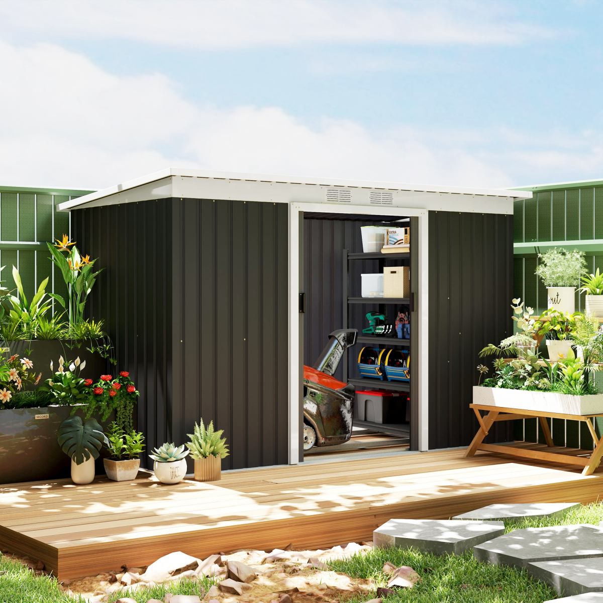 Outsunny Galvanised Metal Garden Storage Shed with Double Sliding Doors