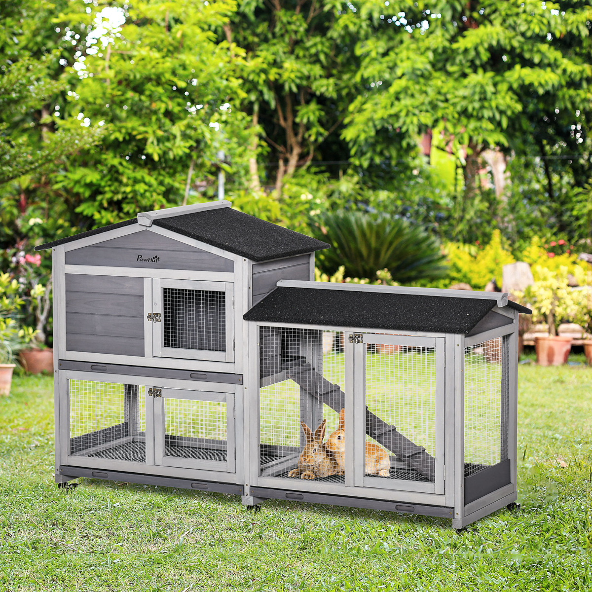 PawHut Wooden Rabbit Hutch with Wheels, Slide-Out Tray, Ramp