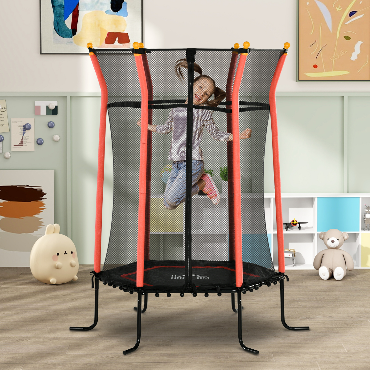 HOMCOM 5.4ft Kids Trampoline with Enclosure, Indoor/Outdoor, Red, Ages 3-10