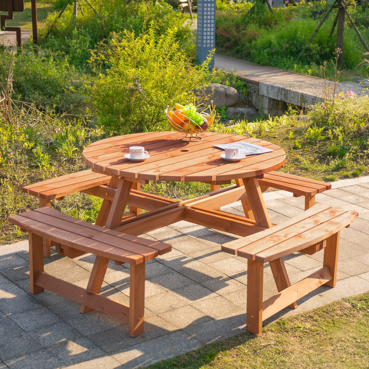 Outsunny 8-Seater Fir Wood Picnic Set with Parasol Attachment Hole