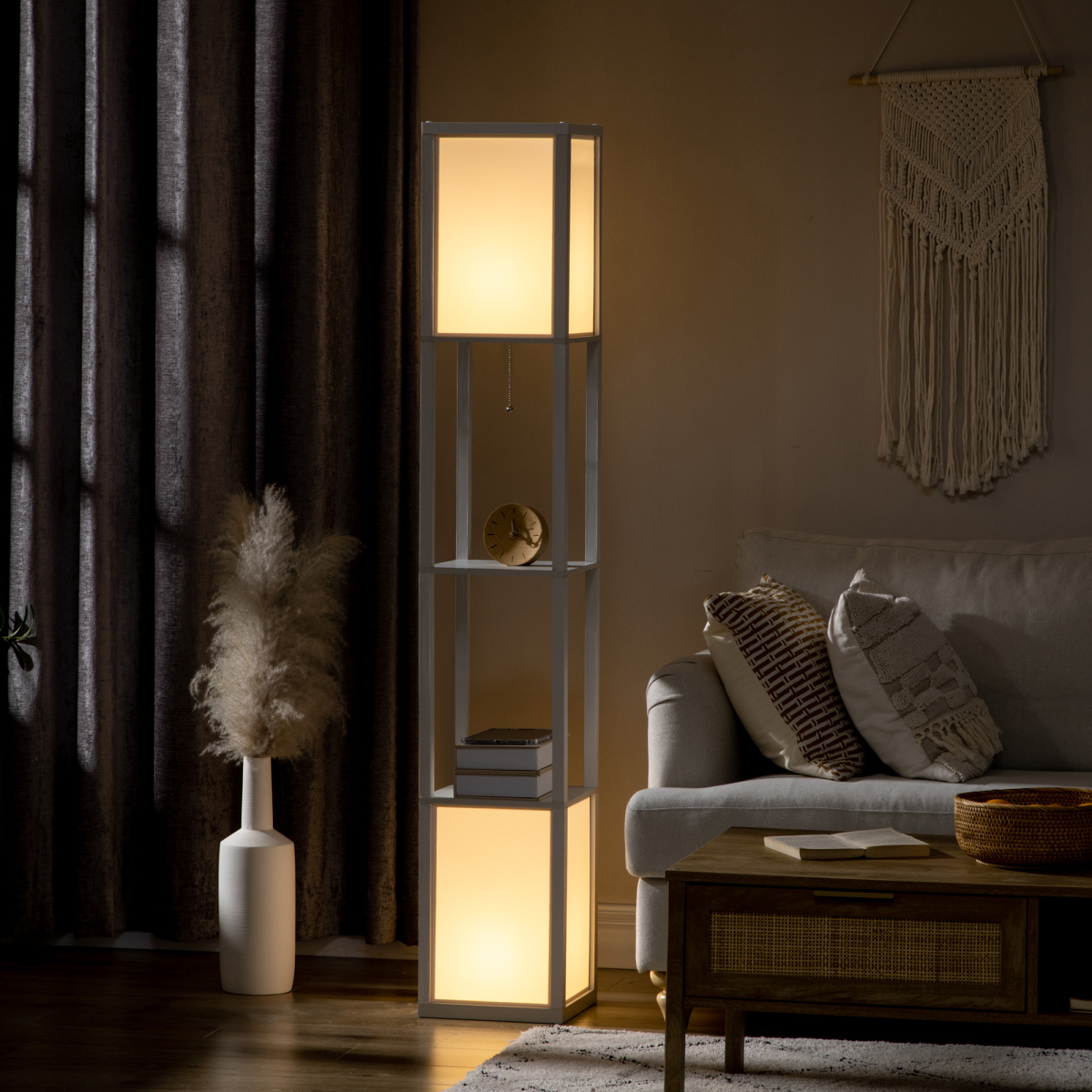 HOMCOM White Shelf Floor Lamp with Dual Light and Shelves