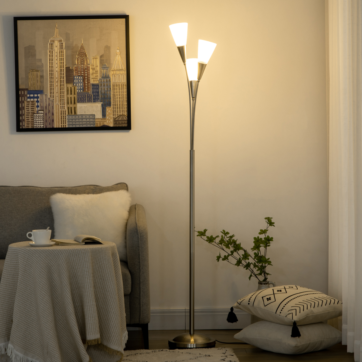 3-Light Upright Floor Lamp, Uplighter Standing Lamp for Home