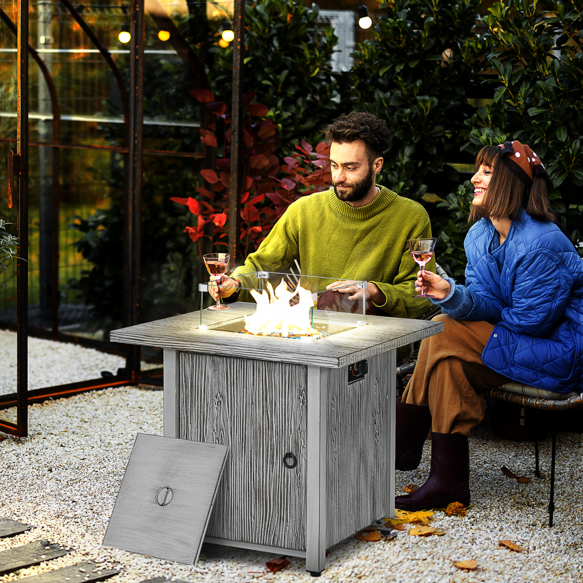 Outsunny Gas Fire Pit Table with 40,000 BTU Burner, Glass Screen and Rain Cover