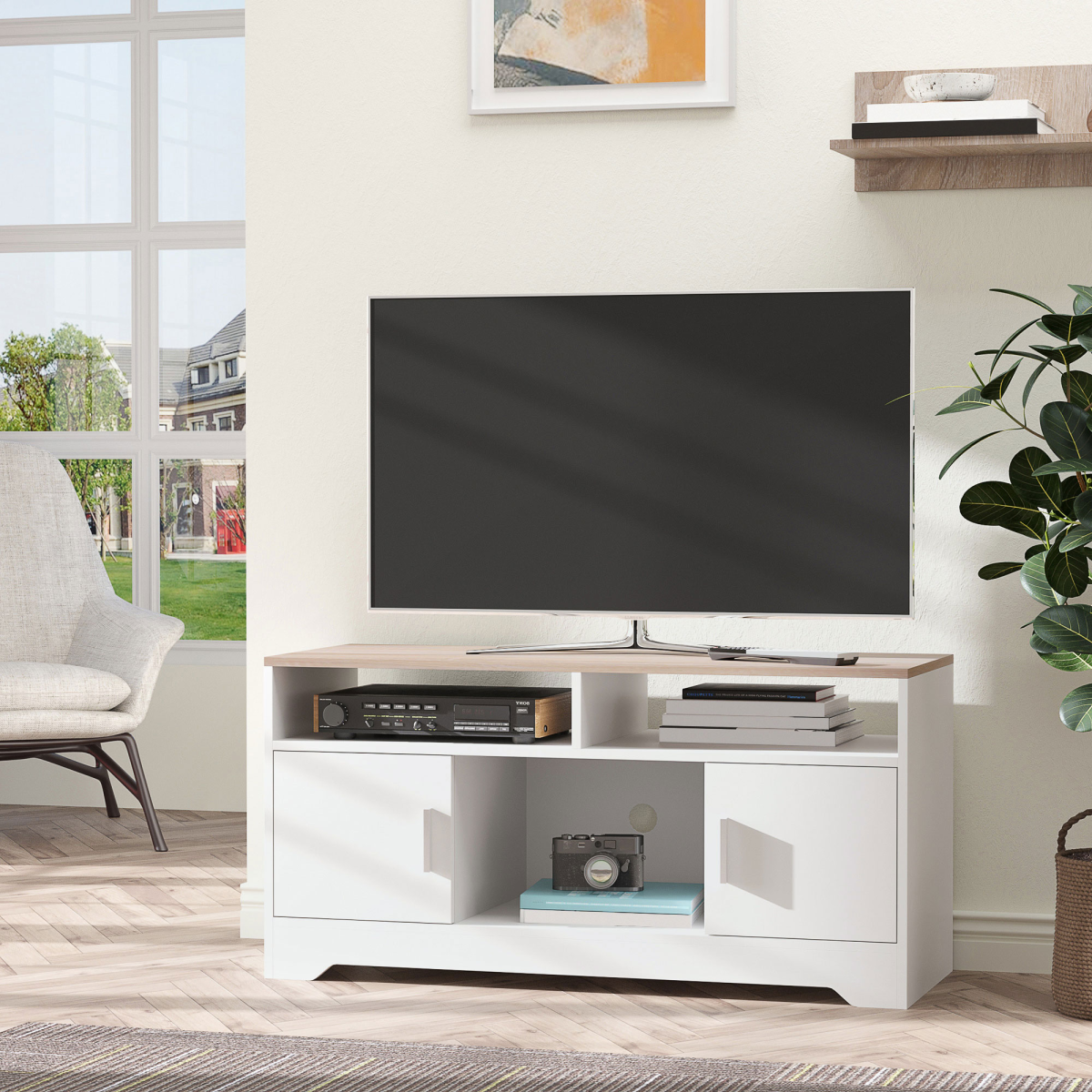 HOMCOM 42" White TV Stand with Cabinets & Shelves