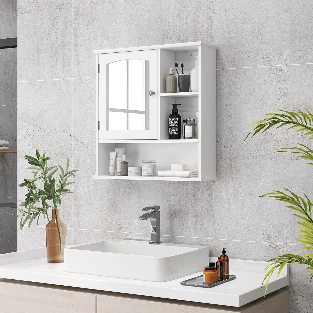 kleankin Wall-Mounted Bathroom Mirror Cabinet, Single Door Storage Cabinet with Adjustable Shelf and 3 Open Shelves, MDF, Water-Resistant Painted Surface