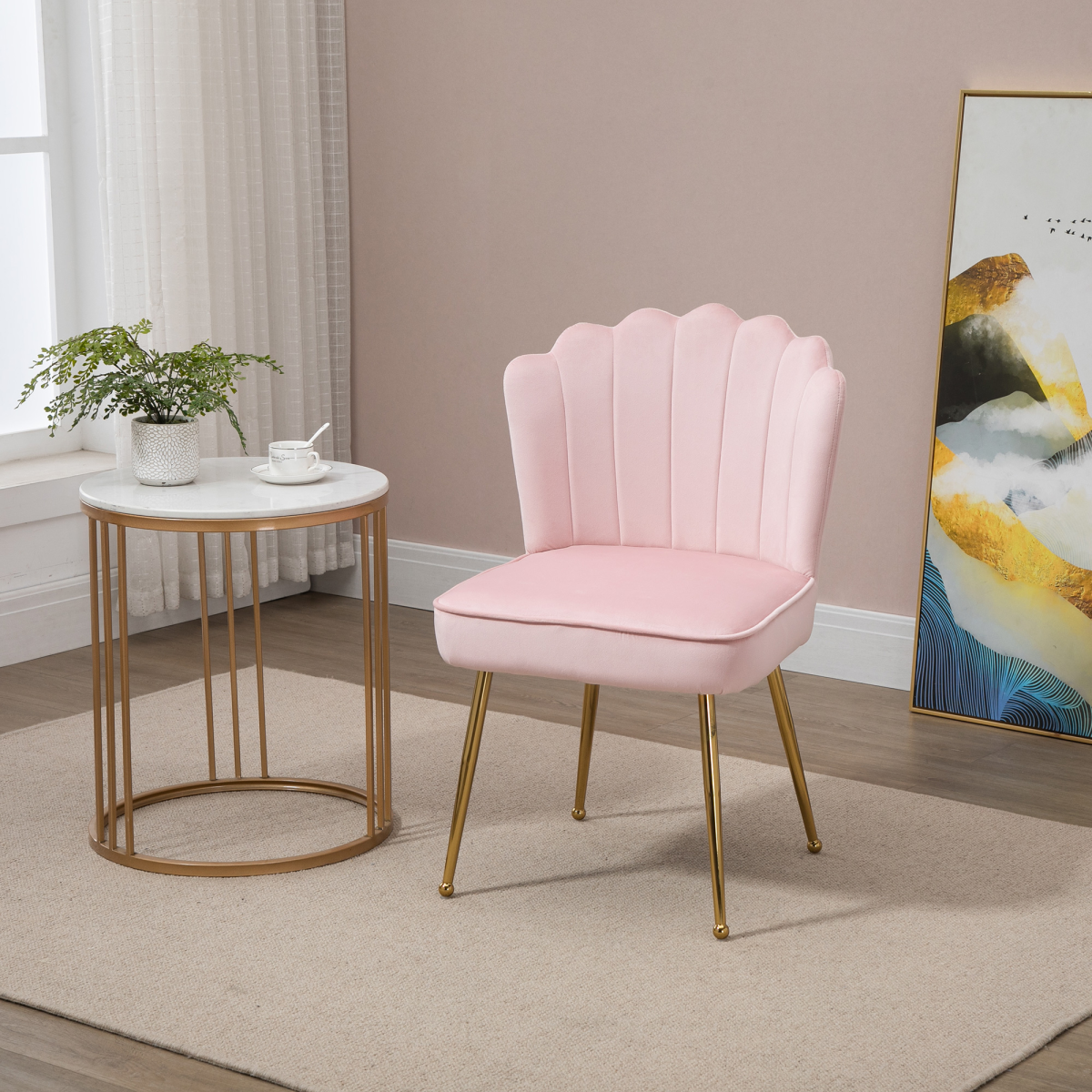 HOMCOM Pink Velvet-Feel Shell Accent Chair with Gold-Tone Metal Legs