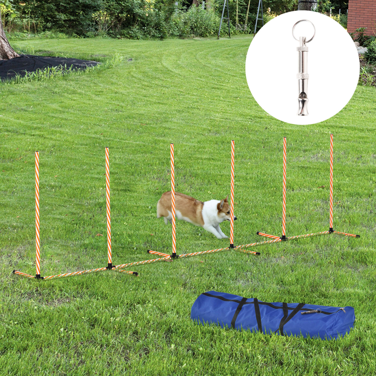 PawHut Dog Agility Weave Poles Training Obstacle Course Set, Slalom Equipment with Whistle and Storage Bag
