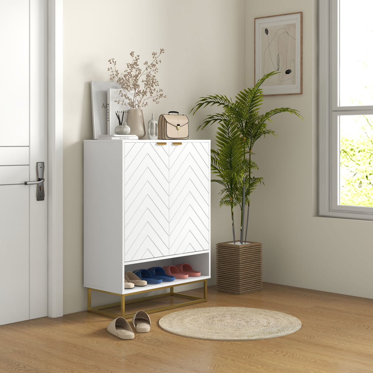 HOMCOM Shoe Cabinet with 2 Chevron Doors, Adjustable Shelf, Holds 12 Pairs, White and Gold Tone
