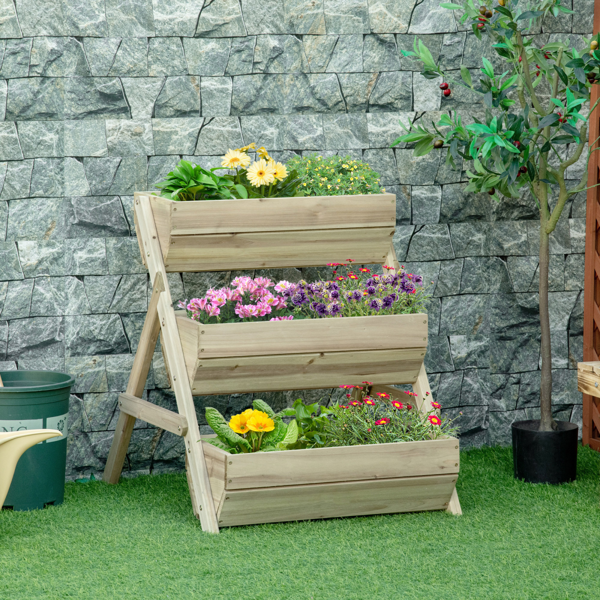 Outsunny 3 Tier Wooden Raised Garden Bed Kit for Flowers, Vegetables and Herbs, 120x68x80cm, Green
