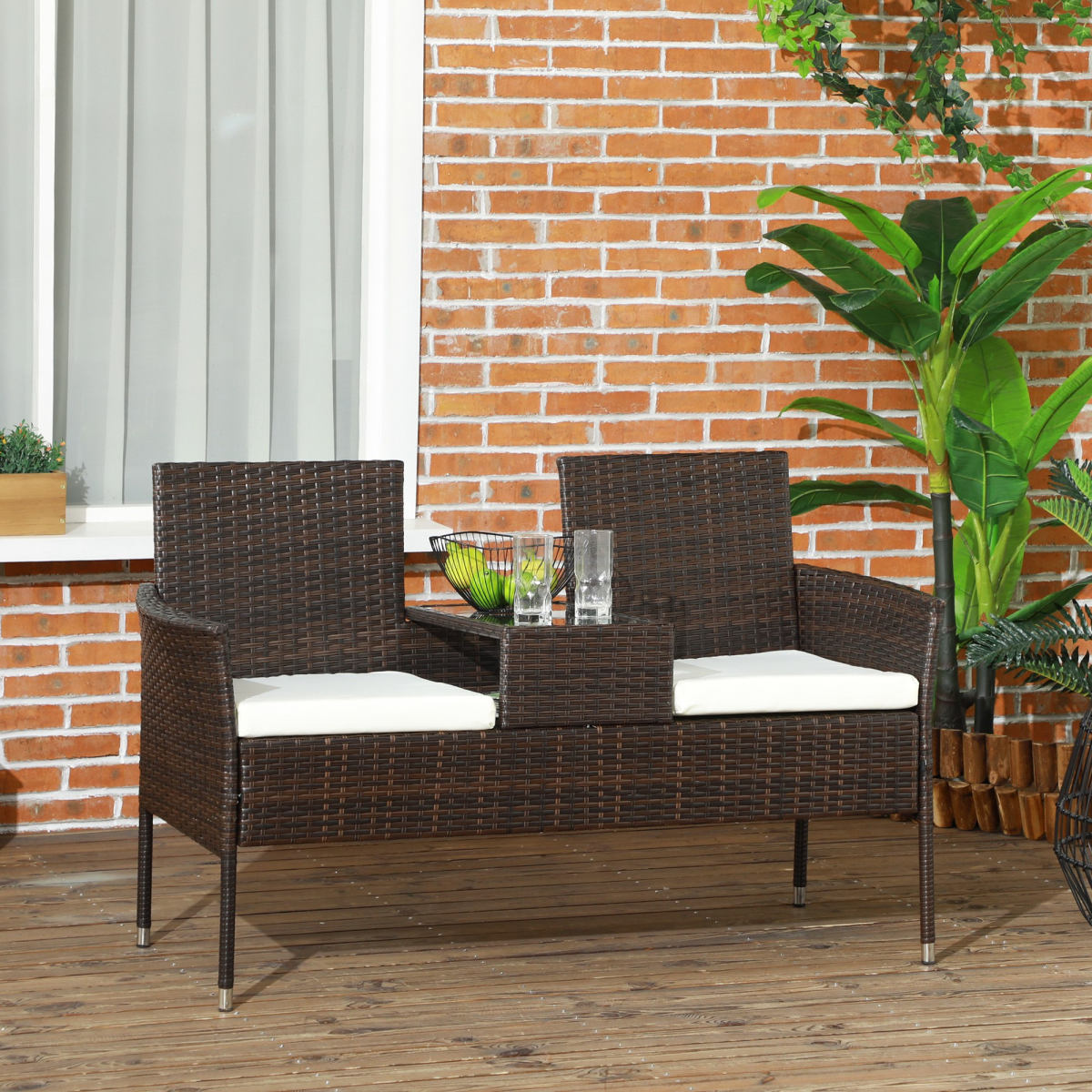 Outsunny 2 Seat Rattan Garden Bench with Middle Table, Tempered Glass Top and Padded Cushions