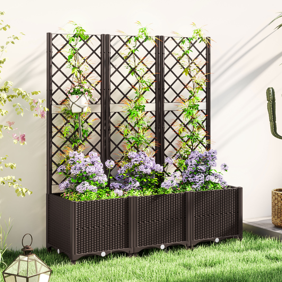 Outsunny Plastic Planter Box with Trellis and Drain Plugs