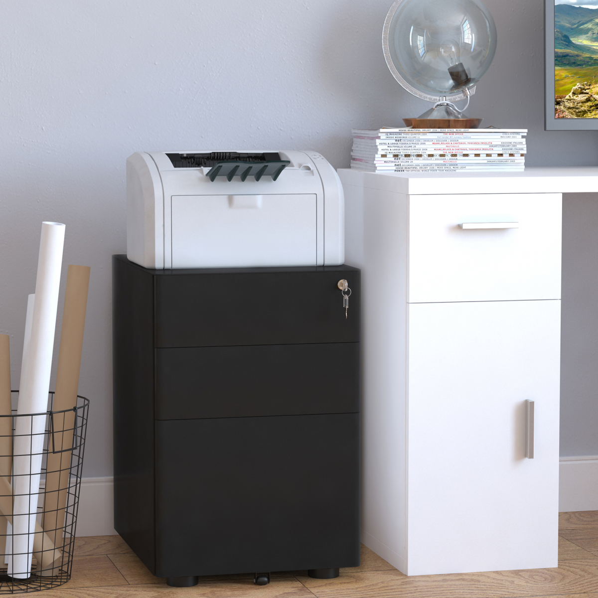 3 Drawer Steel Filing Cabinet with Lock, 4 Wheels, Compact Under Desk, Black