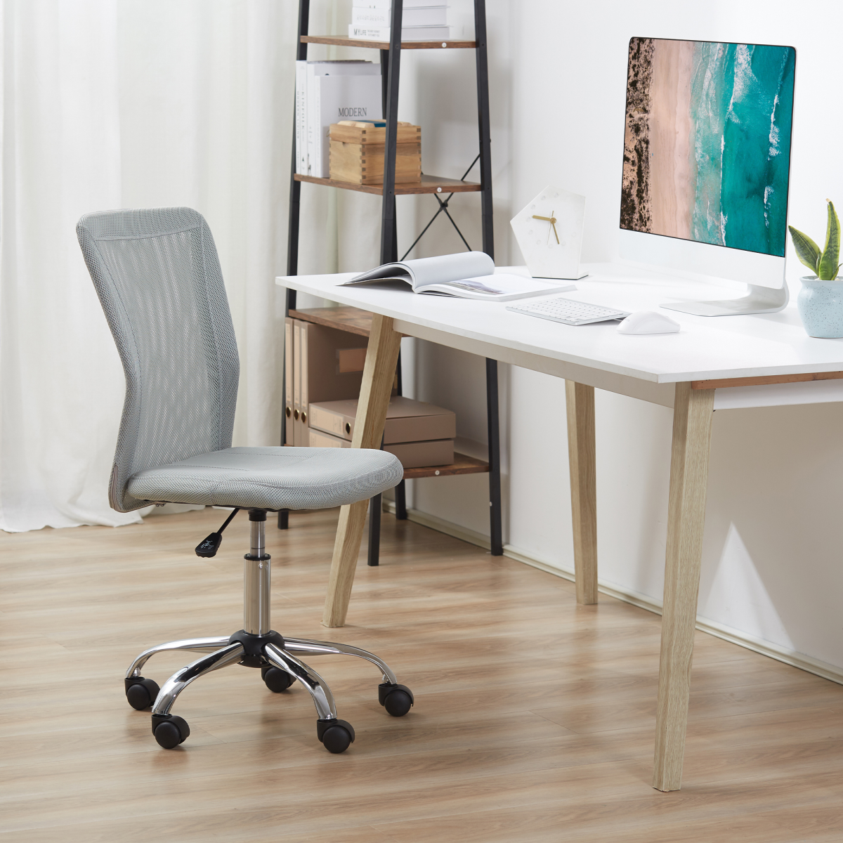 Armless Office Chair Ergonomic Padded Height Adjustable Mesh Back 5 Wheels