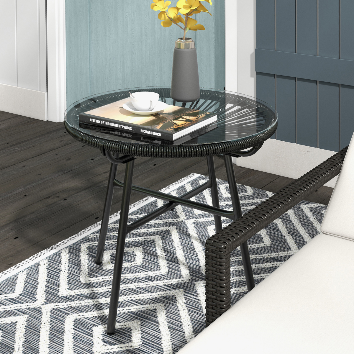 Outsunny Outdoor Rattan Coffee Table with Tempered Glass Top, Black