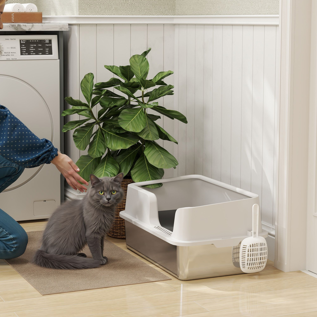 PawHut High-Sided Stainless Steel Cat Litter Tray with Scoop