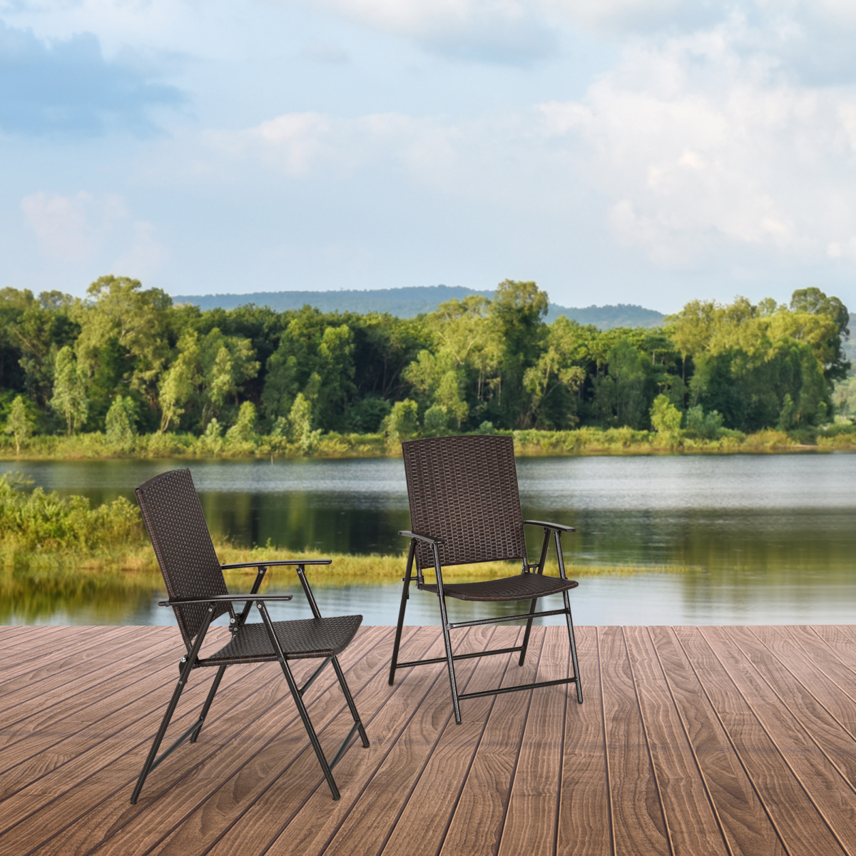 Outsunny 2-Pack Foldable Rattan Garden Chairs, Steel Frame, Armrests