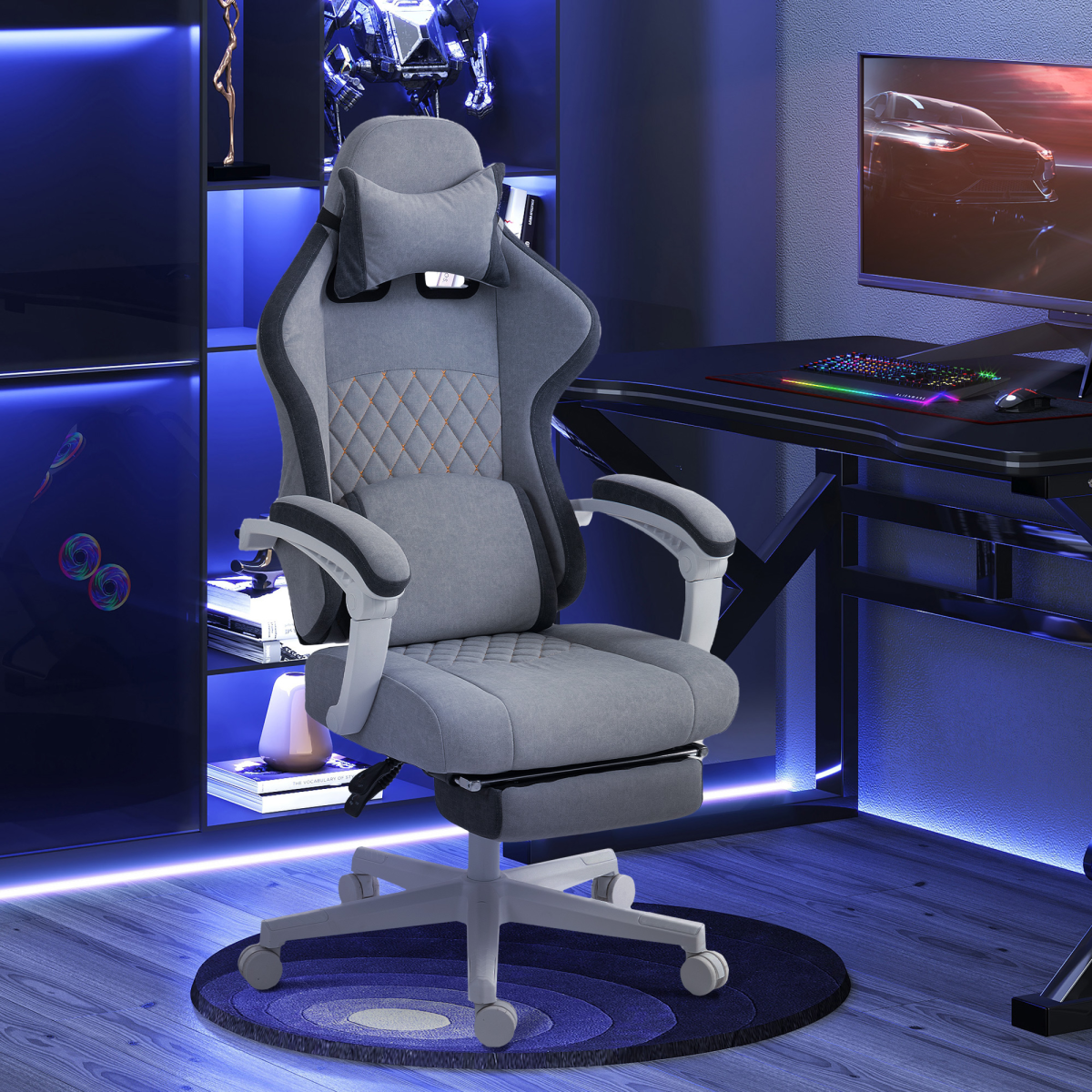 HOMCOM Grey Velvet Recliner Computer Chair with Adjustable Height