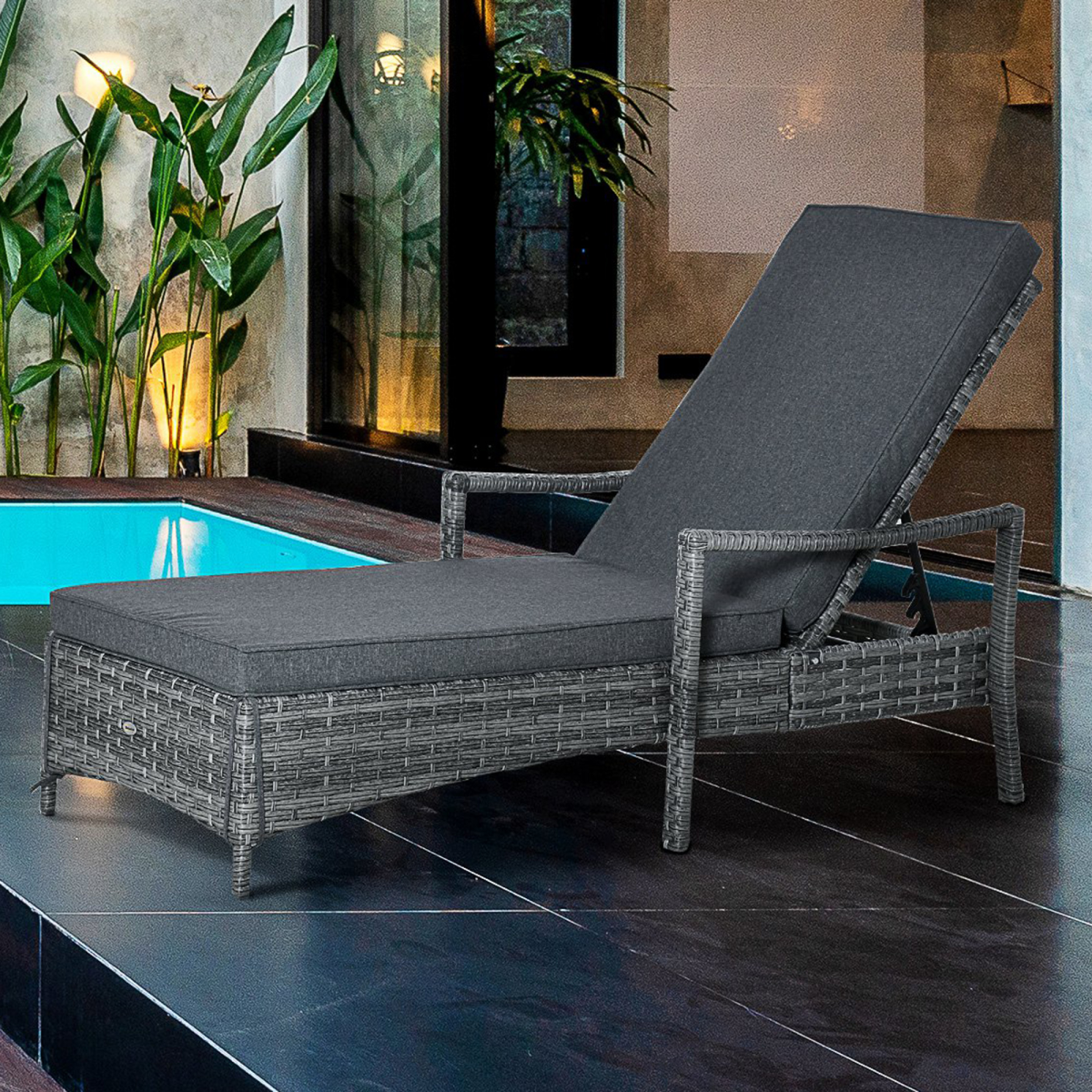 Outsunny Grey Rattan Sun Lounger Chair with Cushion, 4-Position Recline